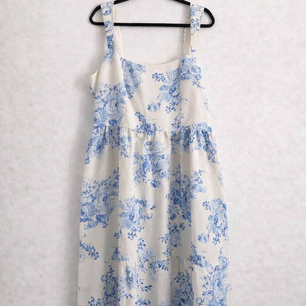 Anthropologie Blue & White Floral Toile Midi Dress with Pockets – Size 1X